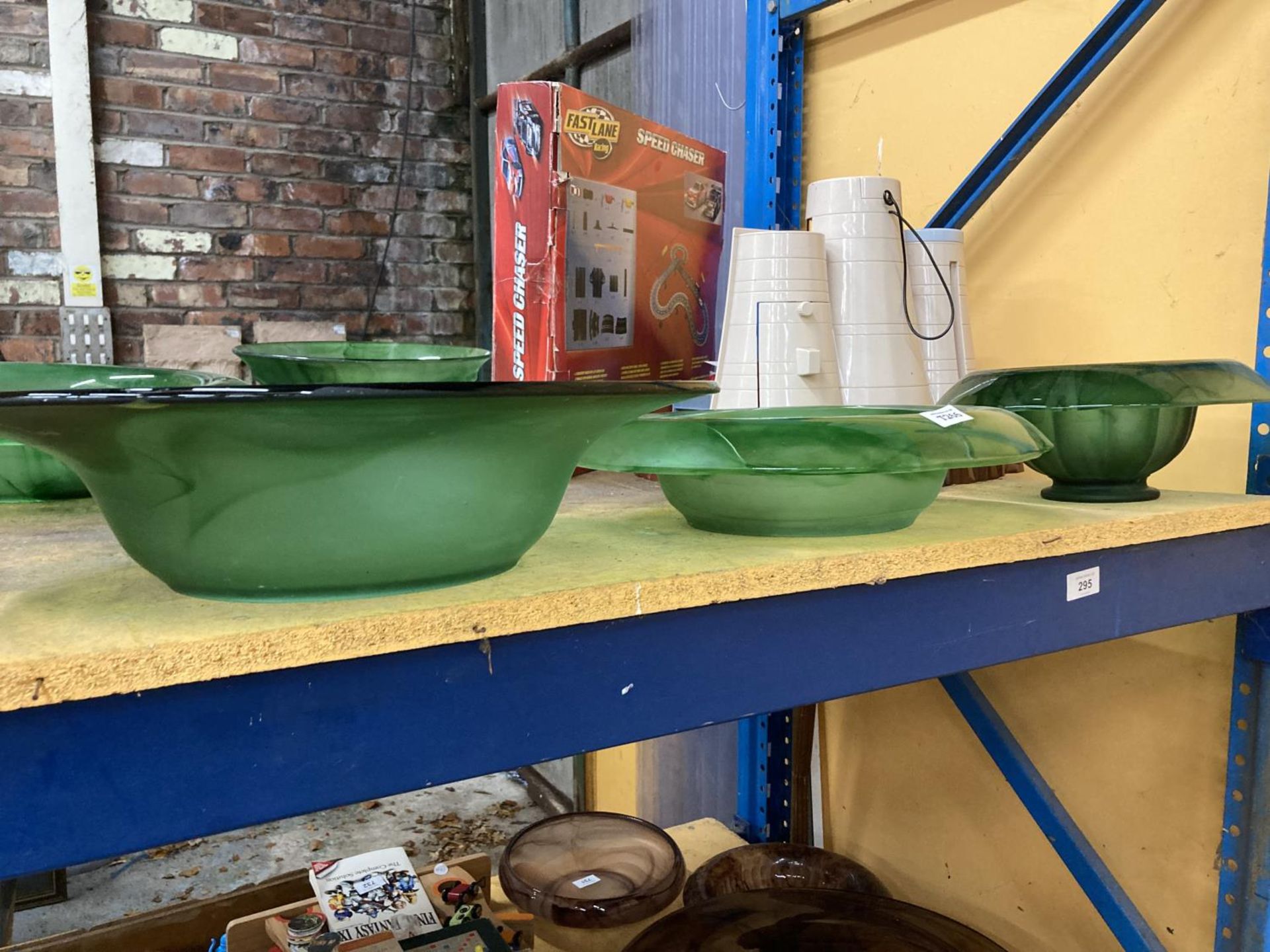 THREE LARGE PIECES OF GREEN CLOUD GLASSWARE BOWLS