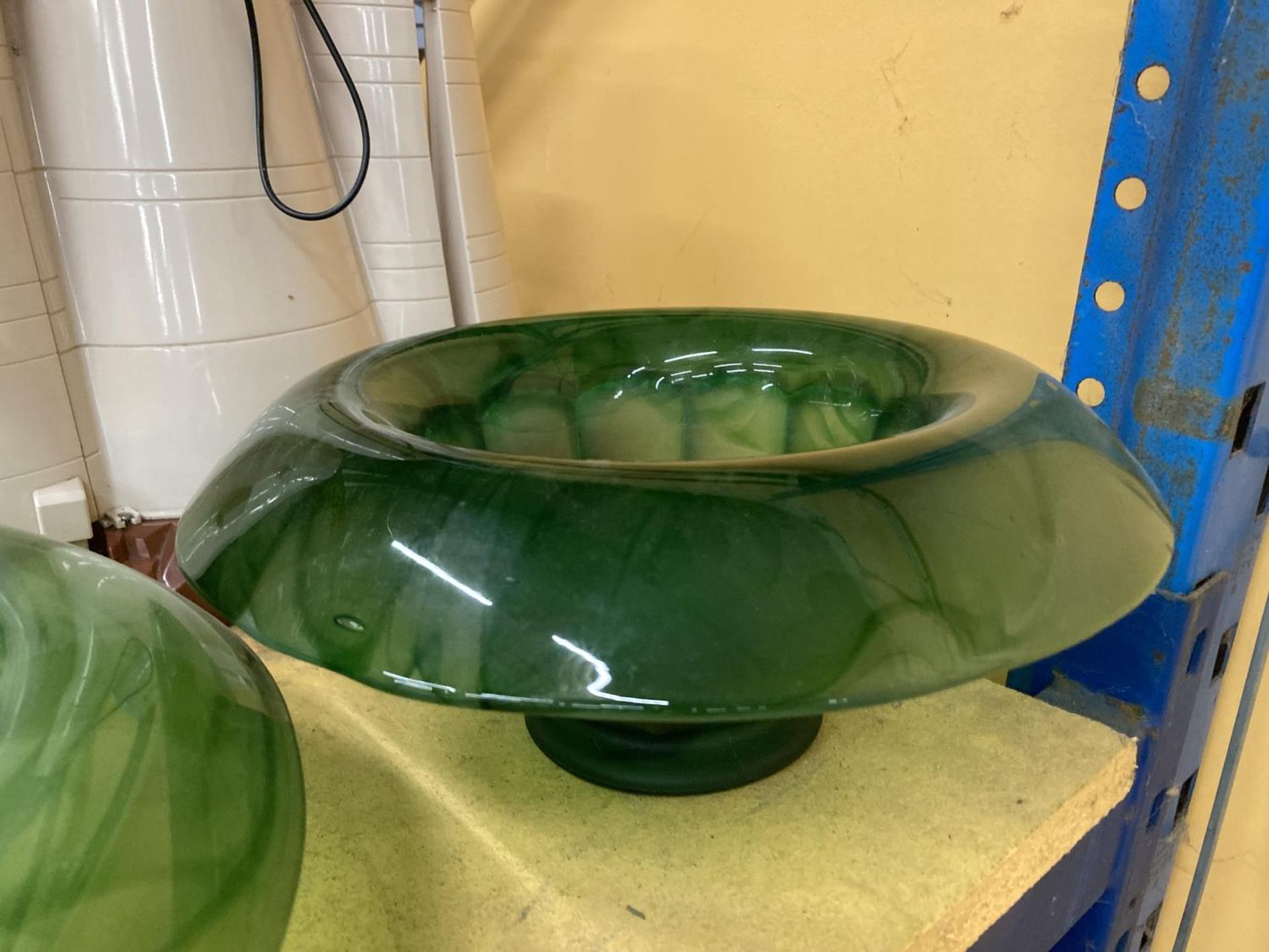 THREE LARGE PIECES OF GREEN CLOUD GLASSWARE BOWLS - Image 4 of 4