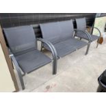 A METAL TWO SEATER BENCH AND TWO CHAIRS