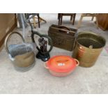 AN ASSORTMENT OF ITEMS TO INCLUDE A BRASS COAL BUCKET, A COOKING POT AND A BRASS COATED MAGAZINE