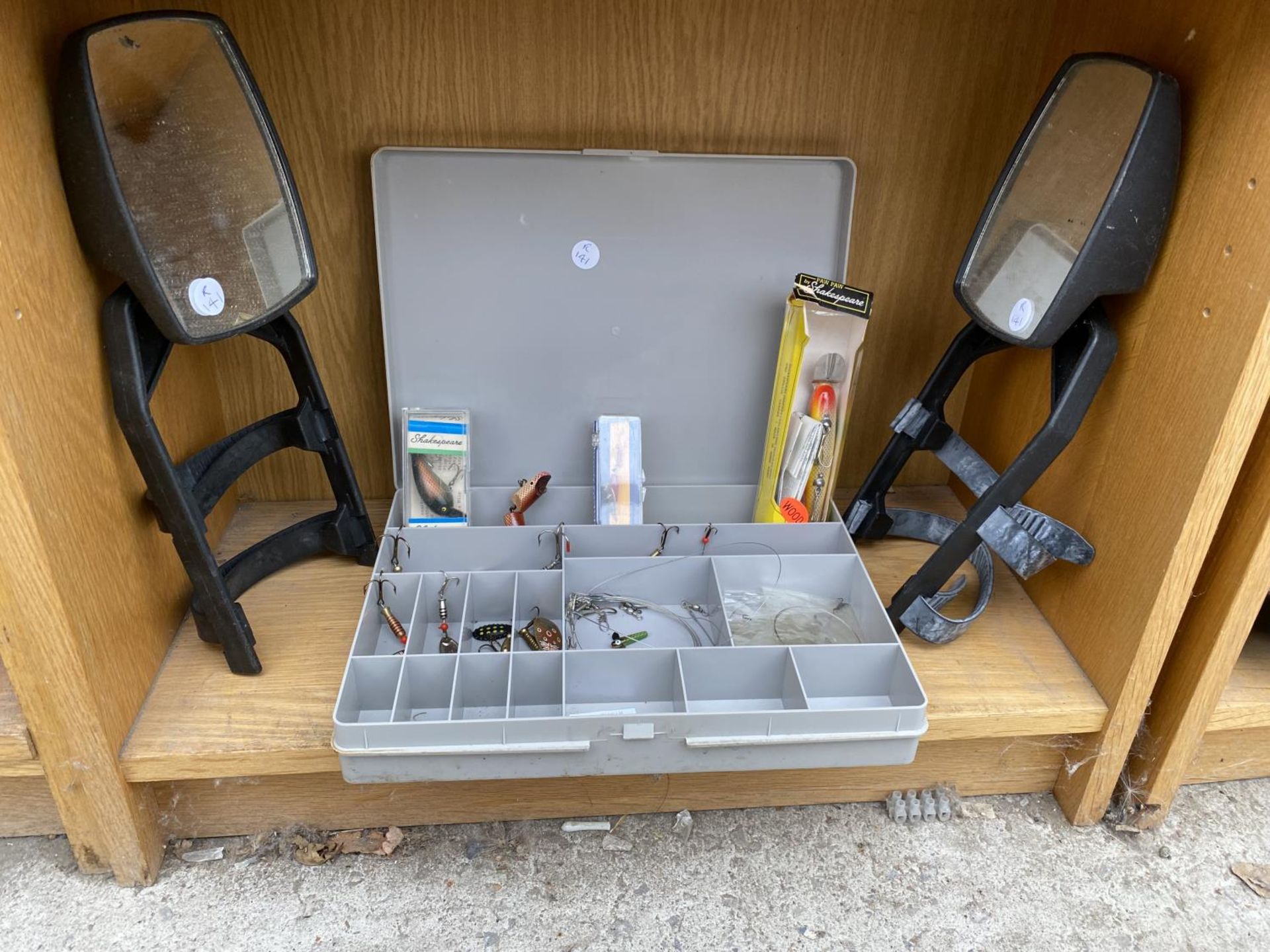 TWO EXTENSION WING MIRRORS AND A FISHING TACKLE BOX WITH LURES