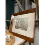 A VINTAGE MAHOGANY TRAY WITH A PHEASANT SHOOT DESIGN DECORATION