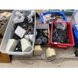 A LARGE ASSORTMENT OF ITEMS TO INCLUDE CABLES, SPEAKERS AND EMPTY FILM REELS ETC