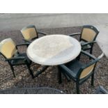 A PLASTIC PATIO FURNITURE SET TO IBNCLUDE A ROUND TABLE AND FOUR CHAIRS