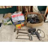 A LARGE ASSORTMENT OF TOOLS TO INCLUDE HAMMERS, SAWS AND AN ELECTRIC HEAT GUN ETC