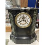 A LARGE MARBLE AND SLATE CHIMING MANTLE CLOCK WITH KEYS