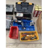AN ASSORTMENT OF TOOLS TO INCLUDE LIN BINS AND A TRONIC DRILL