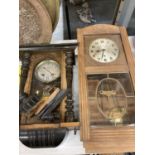 TWO VINTAGE WALL CLOCKS IN WOODEN AND GLASS FRONTED CASES - ONE IN NEED OF RESTORATION