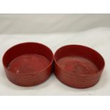A PAIR OF BELIEVED ENGLISH REGENCY CIRCA 19TH CENTURY WINE COASTERS IN CINNABAR RED LACQUER