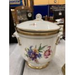 A PORTUGUESE CERAMIC ICE BUCKET WITH FLORAL AND GILT DECORATION AND LID