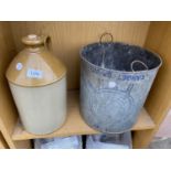 A STONEWARE FLAGON AND A TIN BUCKET