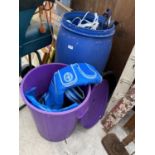 TWO PLASTIC DRUMS WITH HORSE TACK AND ELECTRIC FENCING WIRE ETC