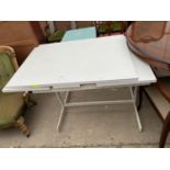 A MODERN FORMICA TOP DRAW-LEAF TABLE ON METALWARE BASE