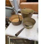 TWO VINTAGE BRASS JAM PANS AND A VINTAGE BRASS SAUCE PAN