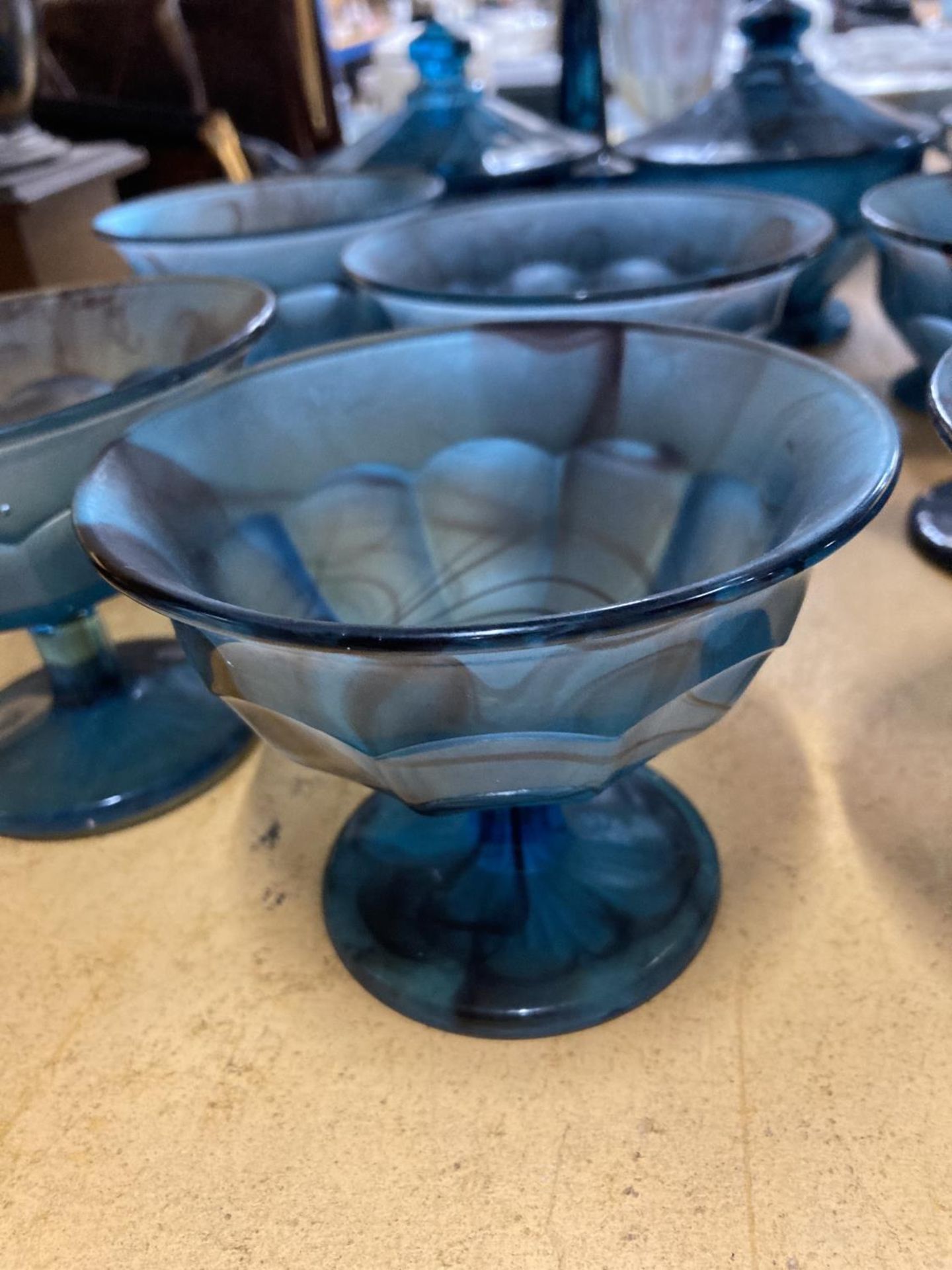 A LARGE QUANTITY OF BLUE CLOUD GLASSWARE TO INCLUDE DESSERT BOWLS, CANDLESTICKS, LIDDED BOWLS, ETC - Image 2 of 3