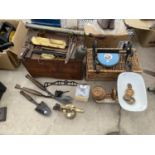 A LARGE ASSORTMENT OF VINTAGE TOOLS TO INCLUDE SCALES AND WEIGHTS, A BLOW TORCH AND OIL CAN ETC