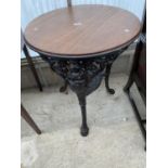 A CAST IRON BRITANNIA PUB TABLE, 24" DIAMETER