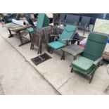 A TEAK GARDEN TABLE WITH PARASOL ALONG WITH SEVEN FIRMAN TEAK CHAIRS AND CUSHIONS AND A TEAK SIDE