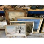 FOUR OIL PAINTINGS RURAL SCENES, A CASTLE TREES IN WINTER, ETC - ONE IN AN ORNATE GILT FRAME