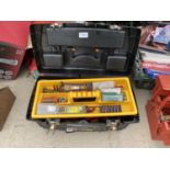 A PLASTIC TOOL BOX TO INCLUDE HAMMERS AND SCREW DRIVERS ETC