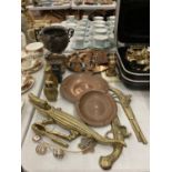 A COLLECTION OF COPPER AND BRASS ITEMS TO INCLUDE A LARGE CROCODILE NUT CRACKER, BRASS ANIMALS,
