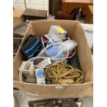 AN ASSORTMENT OF ITEMS TO INCLUDE EXTENSION LEADS AND A HOOVER ETC
