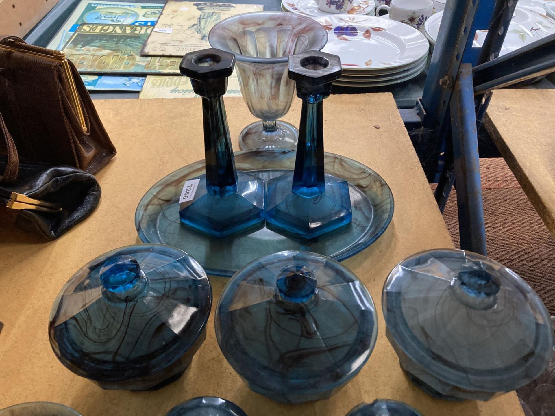 A LARGE QUANTITY OF BLUE CLOUD GLASSWARE TO INCLUDE DESSERT BOWLS, CANDLESTICKS, LIDDED BOWLS, ETC - Image 3 of 3