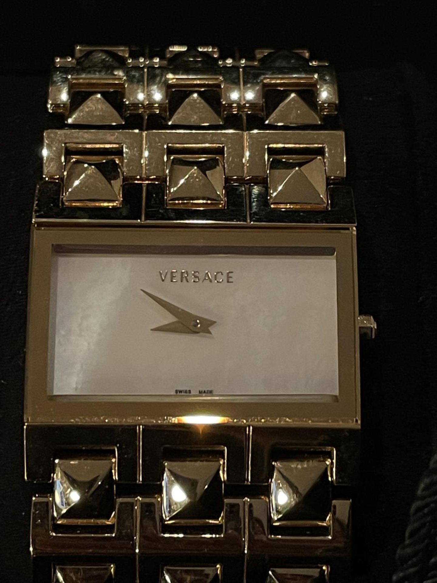 A BOXED VERSACE WRIST WATCH WITH PERALISED RECTANGULAR FACE SOFT BAG ETC - Image 3 of 7