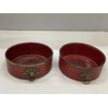 A PAIR OF BELIEVED ENGLISH REGENCY CIRCA 19TH CENTURY WINE COASTERS IN CINNABAR RED LACQUER WITH