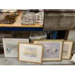 TWO FRAMED WATERCOLOURS - ONE OF TERNS, SIGNED PLUS TWO FRAMED PRINTS OF CHILDREN PADDLING IN THE