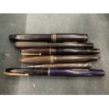 A COLLECTION OF VINTAGE FOUNTAIN PENS TO INCLUDE A PARKER VACUMATIC WITH 14K NIB, 3 SWAN FOUNTAIN