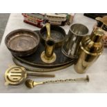 A QUANTITY OF BRASSWARE TO INCLUDE TRENCH ART, PLUS A GOLD COLOURED DARTINGTON COCKTAIL SHAKER,