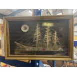 A FRAMED HOROLOGICAL COLLAGE OF A SAILING SHIP 56CM X 35CM