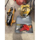 A HALFORDS 2 TONNE TROLLEY JACK, A 110V TRANSFORMER AND A SOLDERING IRON