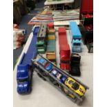 A QUANTITY OF LORRIES AND DIE-CAST CARS TO INCLUDE A CAR TRANSPORTER