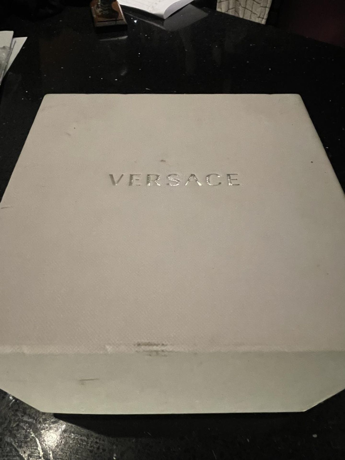A BOXED VERSACE WRIST WATCH WITH PERALISED RECTANGULAR FACE SOFT BAG ETC - Image 7 of 7