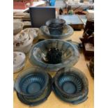 A QUANTITY OF BLUE CLOUD GLASS TO INCLUDE LARGE BOWLS, PLANTERS, ETC PLUS A FROG