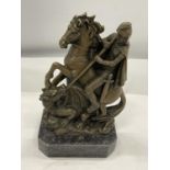 A BRONZE GEORGE AND DRAGON ON A MARBLE BASE SIGNED