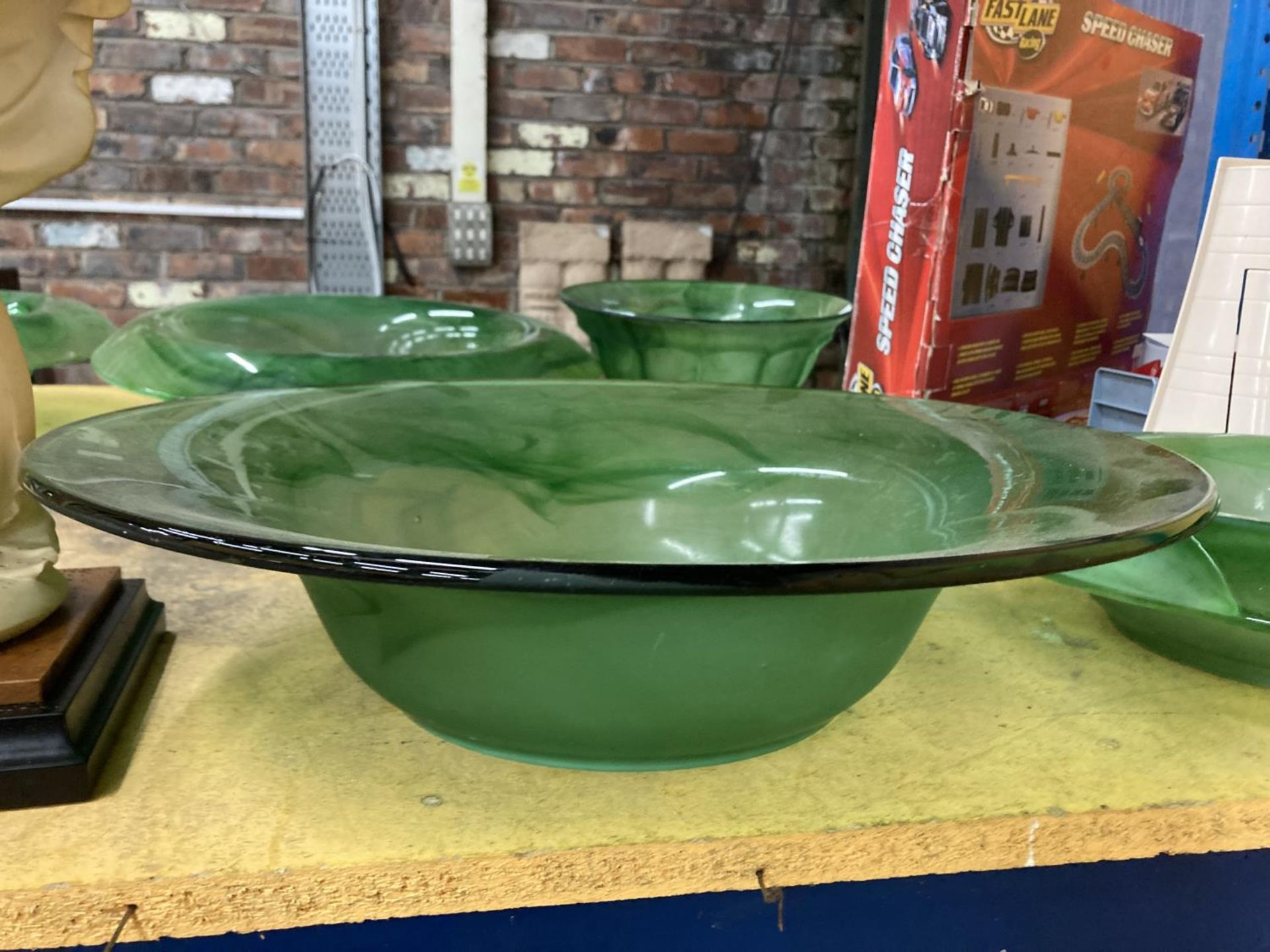 THREE LARGE PIECES OF GREEN CLOUD GLASSWARE BOWLS - Image 2 of 4