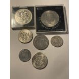 VARIOUS COINS TO INCLUDE COMMEMORATIVE CROWNS, HALF DOLLAR. QUARTER DOLLAR ETC