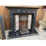 A BELIEVED COMPLETE VICTORIAN CAST IRON FIRE PLACE WITH TILED SURROUND, FIRE FRONT, MANTLE SHELF AND