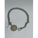 A MARKED SILVER HALF ALBERT CHAIN WITH T BAR AND FOB