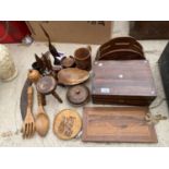 A LARGE ASSORTMENT OF TREEN ITEMS TO INCLUDE A WORK BOX, A MINITURE FOUR LEGGED MILKING STOOL AND