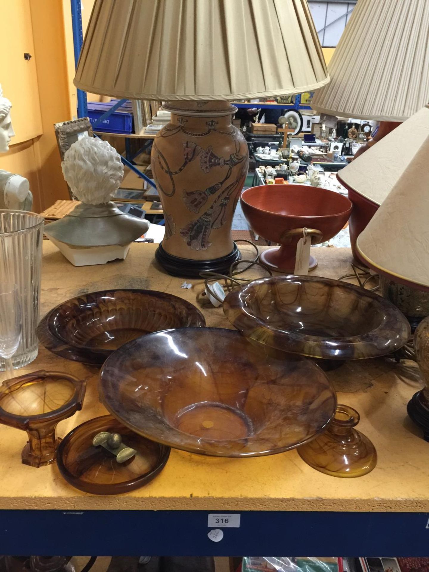 SIX PIECES OF AMBER CLOUD GLASS TO INCLUDE BOWLS AND CANDLESTICKS