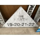 A VINTAGE TRIANGULAR METAL 'THE HEATH' ROAD SIGN