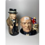 TWO ROYAL DOULTON WINSTON CHURCHILL FIGURES TO INCLUDE A CHARACTER JUG OF THE YEAR AND A FURTHER JUG