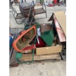 AN ASSORTMENT OF HOUSEHOLD CLEARANCE ITEMS TO INCLUDE CERAMICS AND LAWN MOWERS ETC