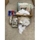 AN ASSORTMENT OF LACE AND CRAFT MATERIALS ETC