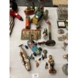 A QUANTITY OF TOYS TO INCLUDE VINTAGE TIN PLATE TRACTORS, CARS, A ZEPPELIN, PLUS SMALL LEAD TOYS,