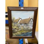 A FRAMED OIL ON CANVAS OF A COUNTRY COTTAGE SIGNED PR FREEMAN